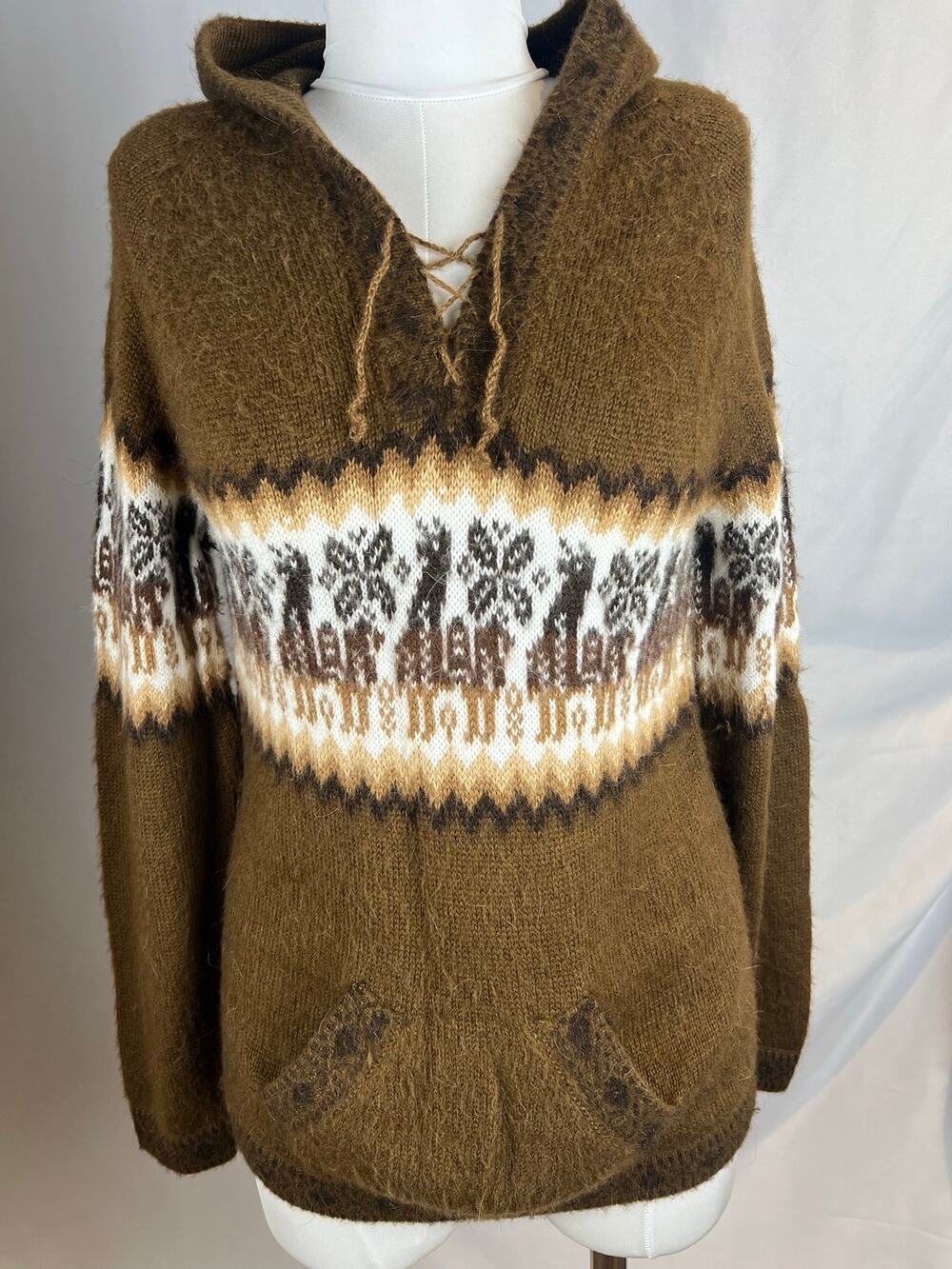 Andean Llama Wool Hooded Sweater M L Brown Peruvian Lace Up Artisan Pullover